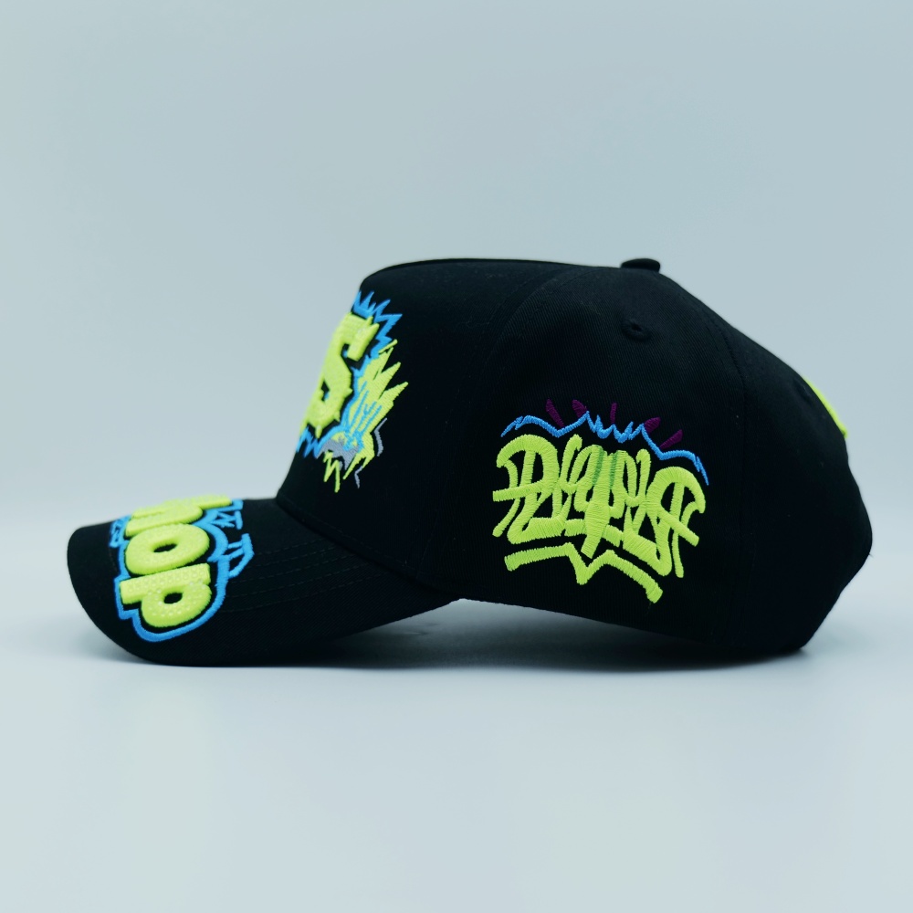 Black Graffiti Five-Panel Cap with Neon Puff Embroidery