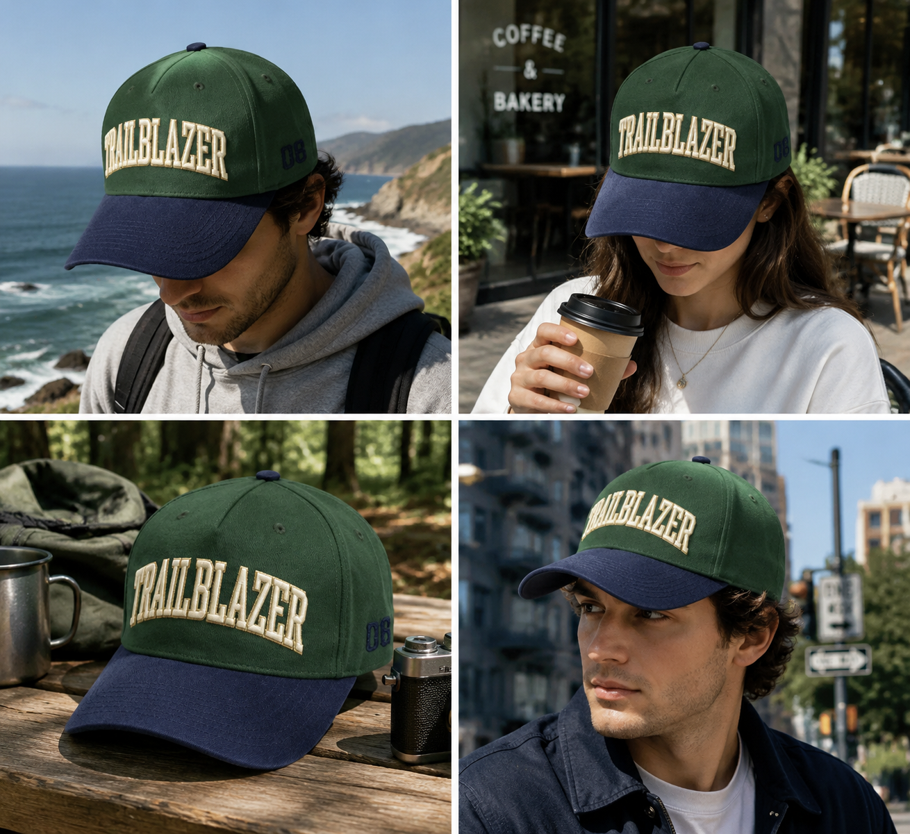 Green Navy TRAILBLAZER Embroidered Baseball Cap – Two-Tone Vintage Streetwear Hat