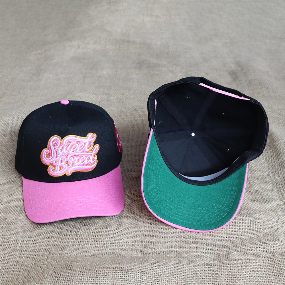 Black Pink Two Tone Embroidered Snapback Baseball Cap with Green Under Brim