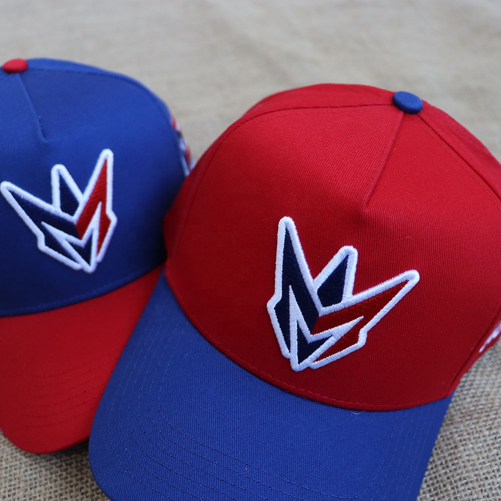 Two-Tone Red and Blue 5-Panel Baseball Cap with Embroidered Front Logo