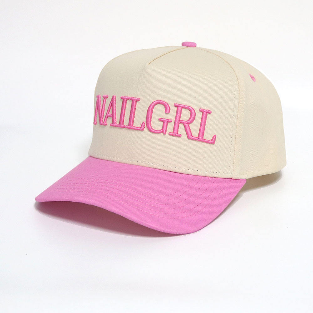 Cream and Pink Two Tone Baseball Cap with Raised Embroidered Letter Design