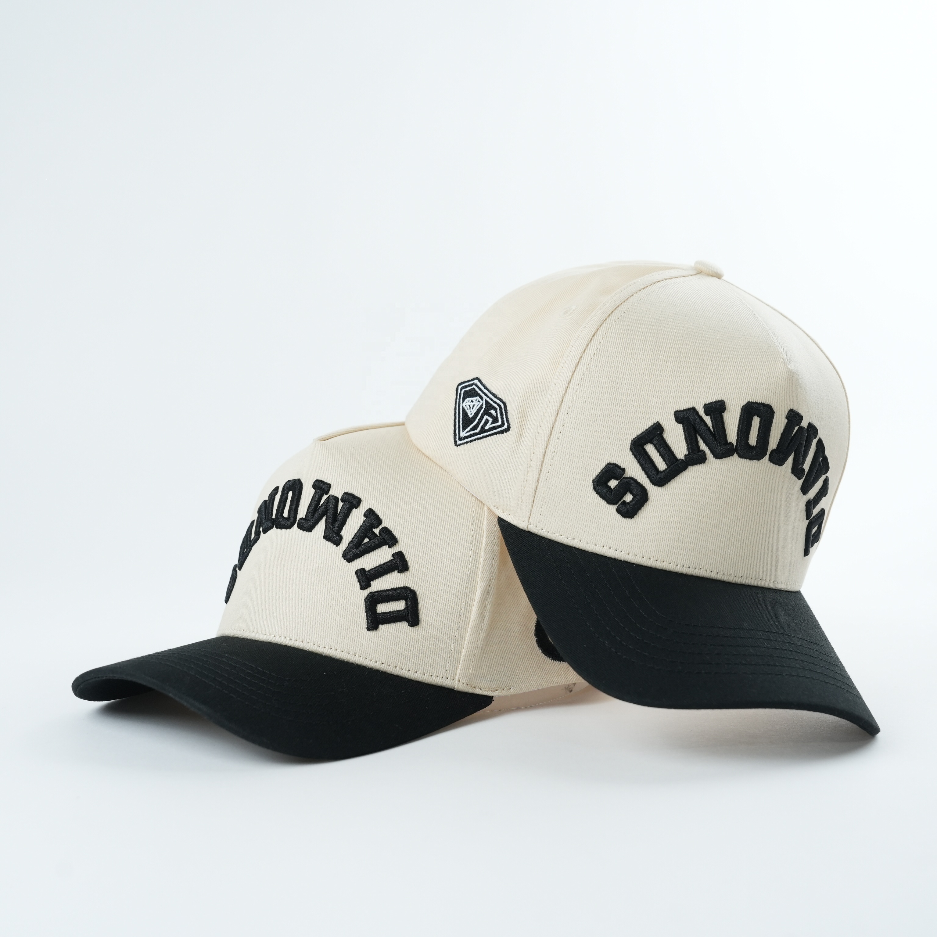 Cream Black Diamond 3D Embroidered Curved Brim Baseball Cap