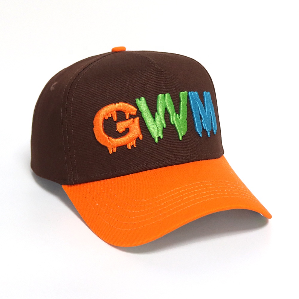 Two Tone Brown and Orange Baseball Cap with Colorful 3D GWM Letter Embroidery