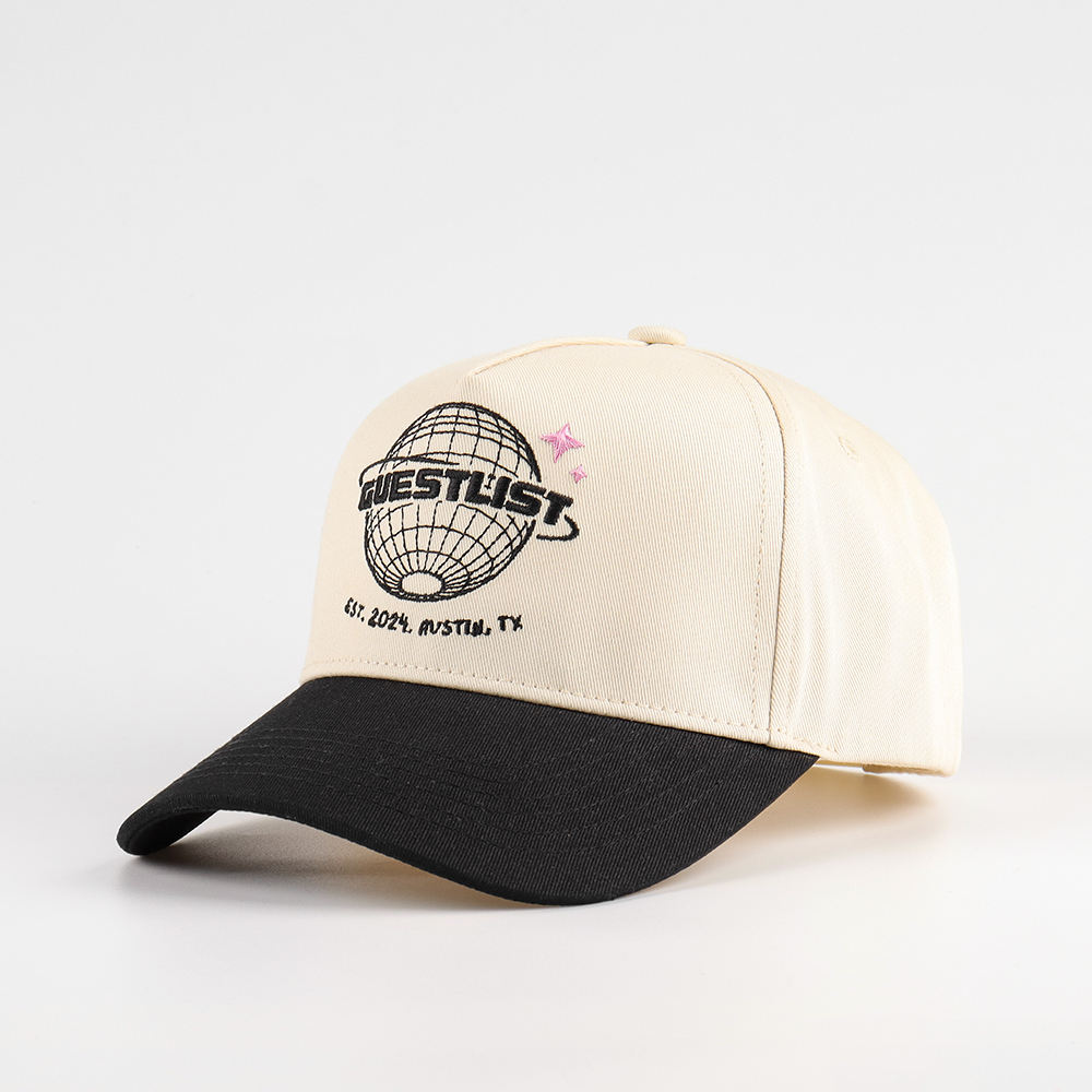 Cream & Black Globe Embroidered Baseball Cap
