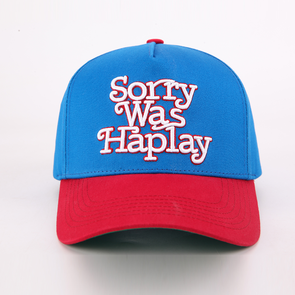 Two-Tone 5-Panel Cotton Twill Baseball Cap with Raised 3D Slogan Embroidery and Curved Contrast Brim