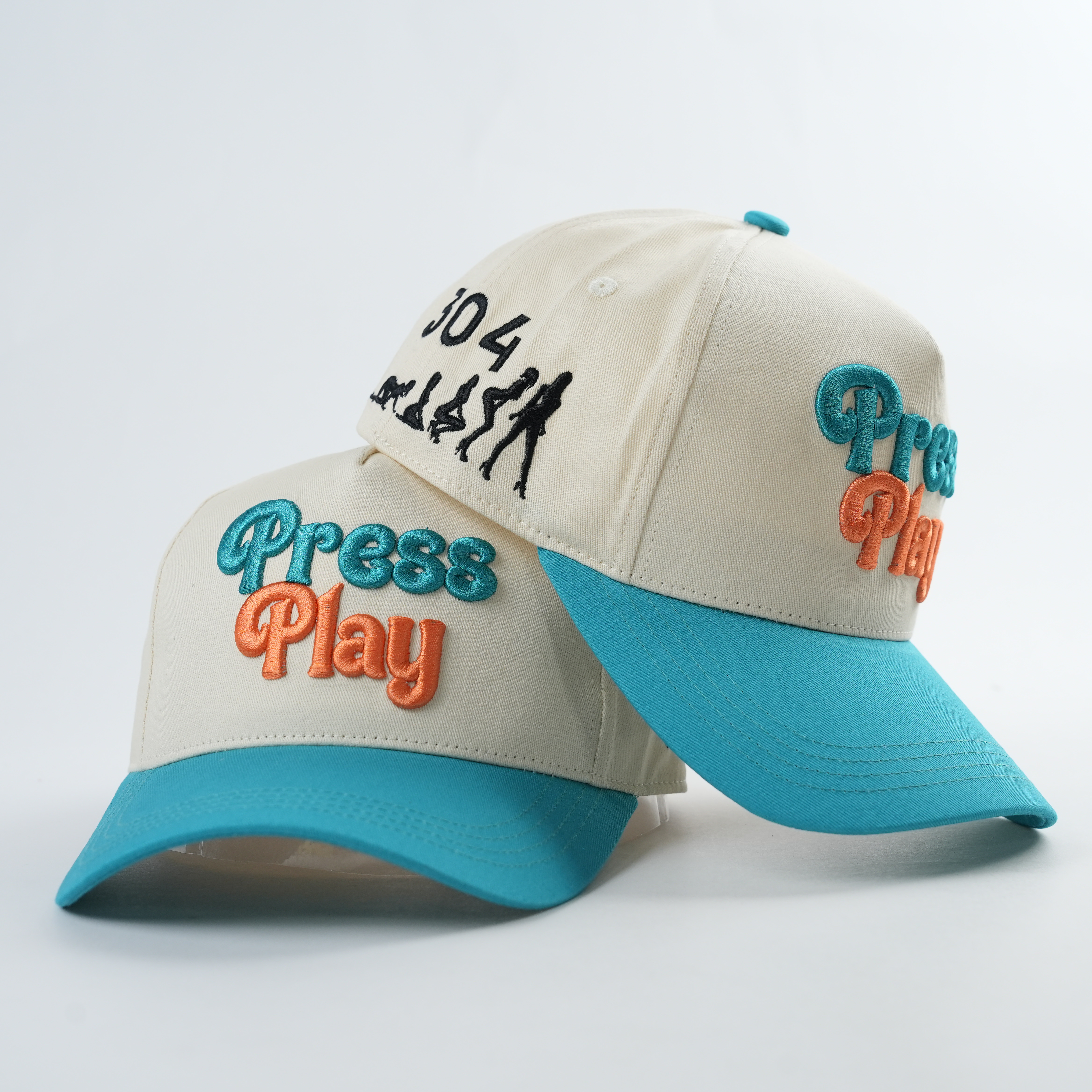 Beige and Turquoise Two-Tone 5-Panel Baseball Caps with Press Play Embroidery