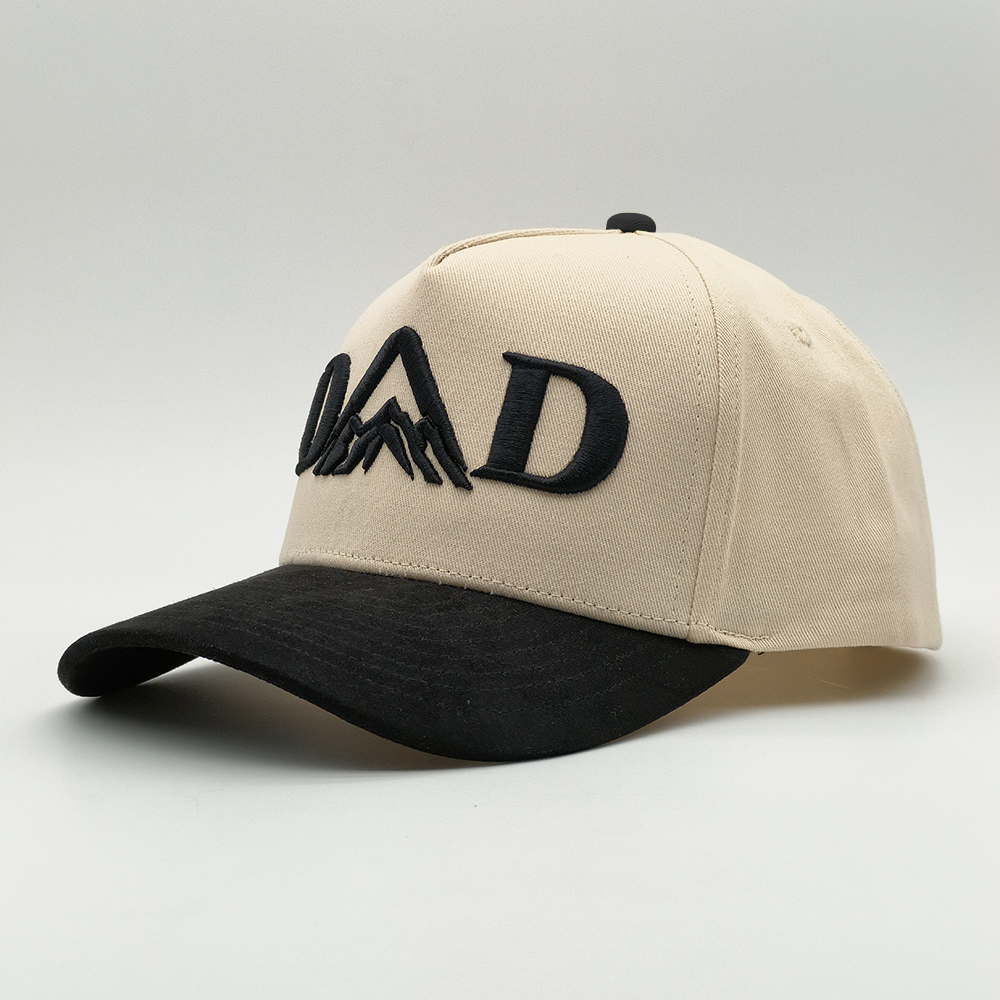 Two-Tone Beige and Black 5 Panel Baseball Cap with 3D Embroidered DAD Logo