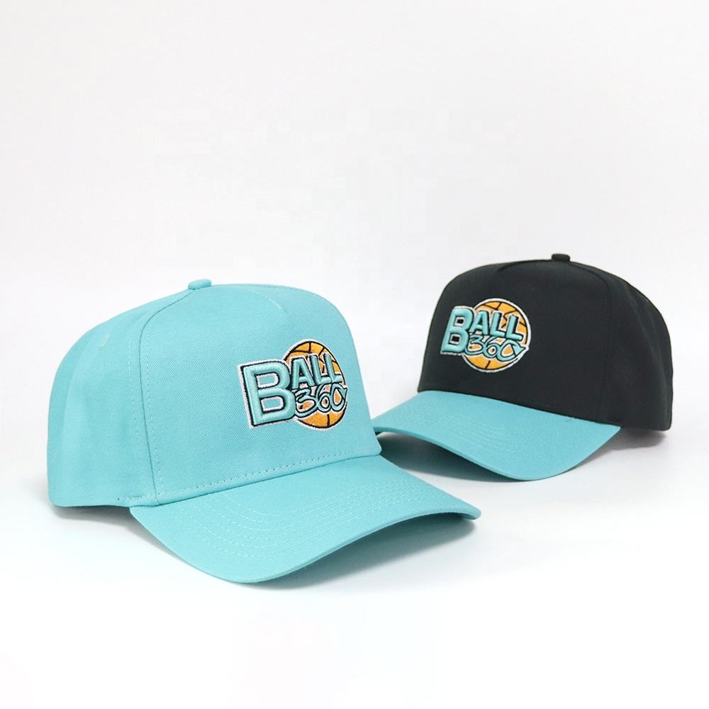 Black and Aqua Two-Tone 5-Panel Baseball Cap with Ball 360 Embroidered Logo