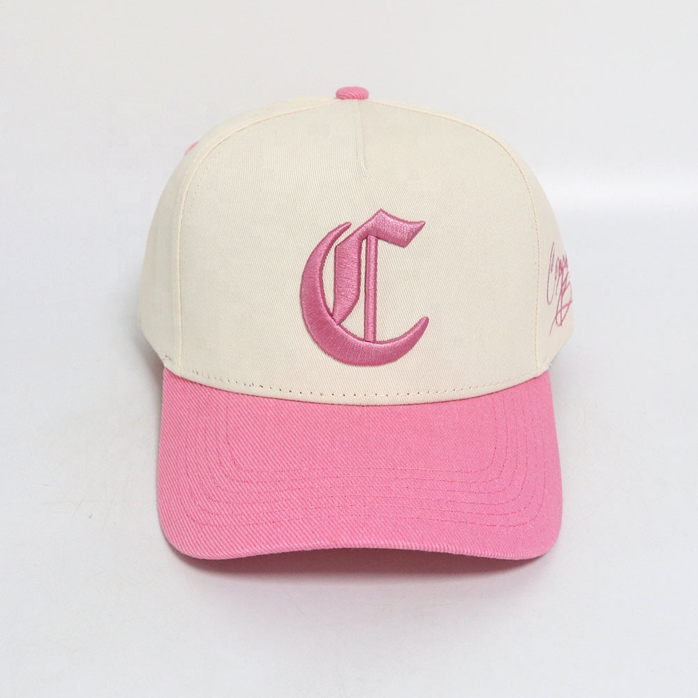 Two-Tone Pink Brim Embroidered Baseball Cap – Cream Crown Streetwear Hat