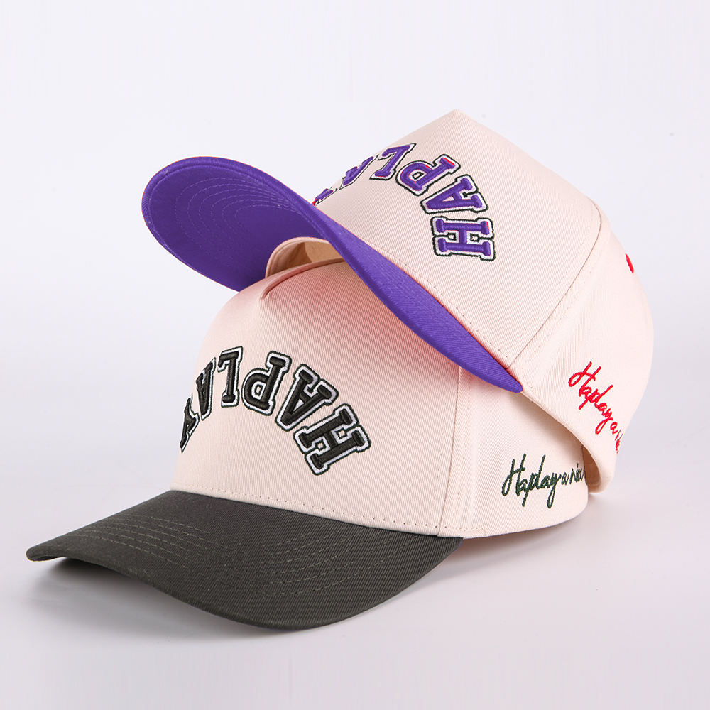 Two-Tone Embroidered HAPPY 5-Panel Cotton Baseball Cap