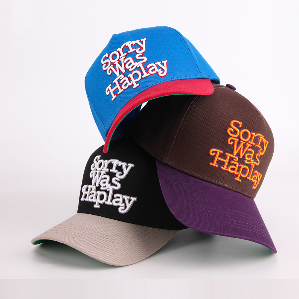 Two-Tone 5-Panel Cotton Twill Baseball Cap with Raised 3D Slogan Embroidery and Curved Contrast Brim