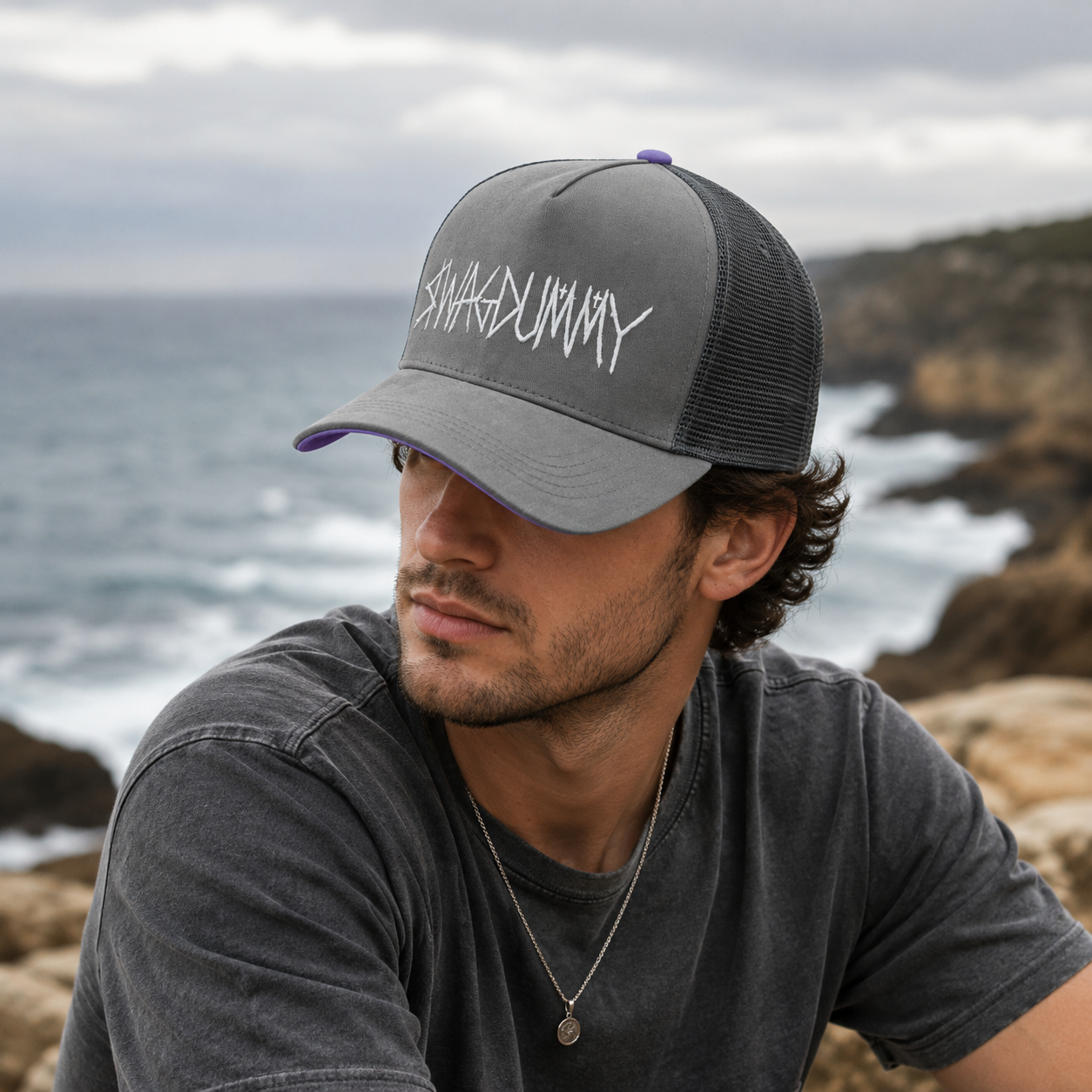 Gray Five-Panel Curved Brim Trucker Cap with White Graffiti Embroidery