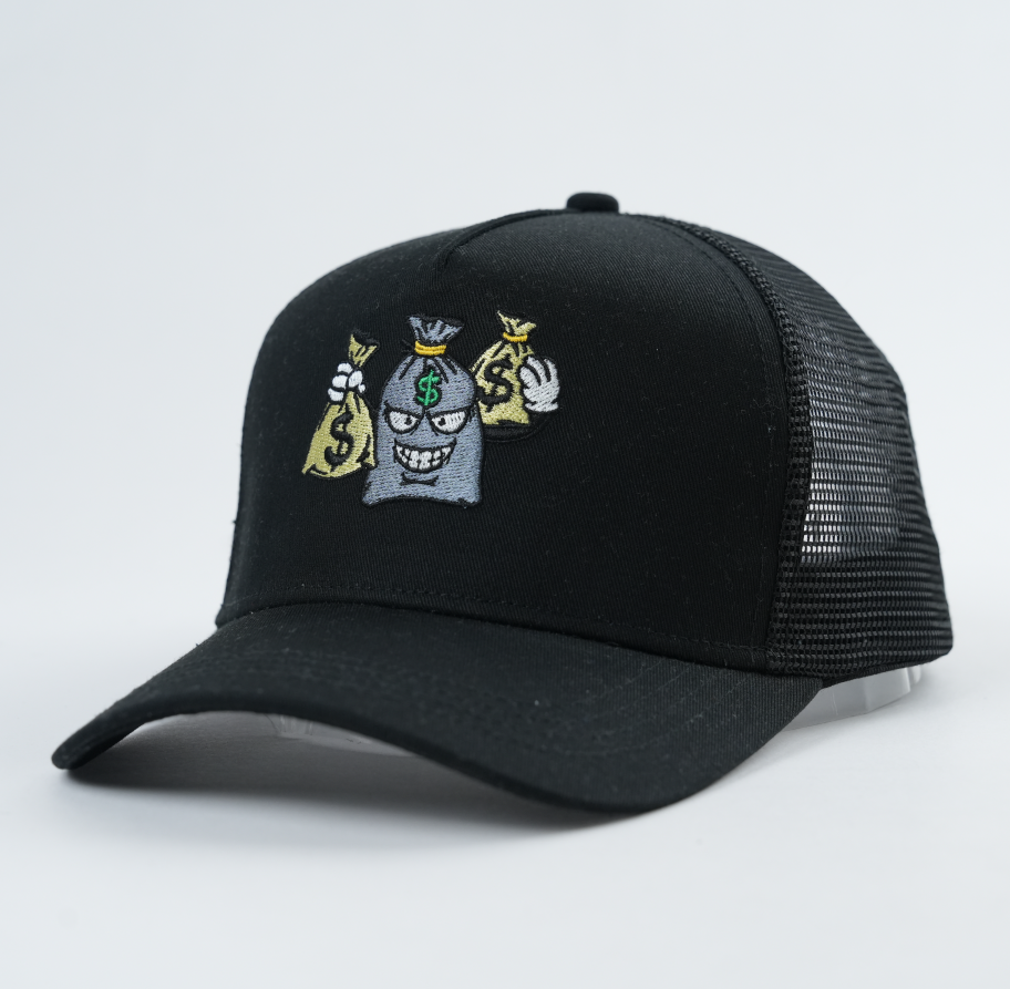 Black 5 Panel Trucker Hat with Embroidered Money Bag Cartoon Logo