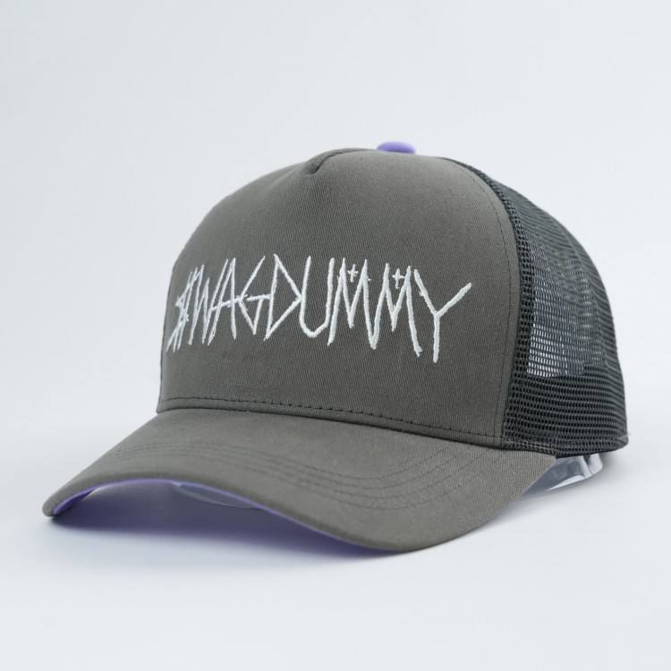 Gray Five-Panel Curved Brim Trucker Cap with White Graffiti Embroidery