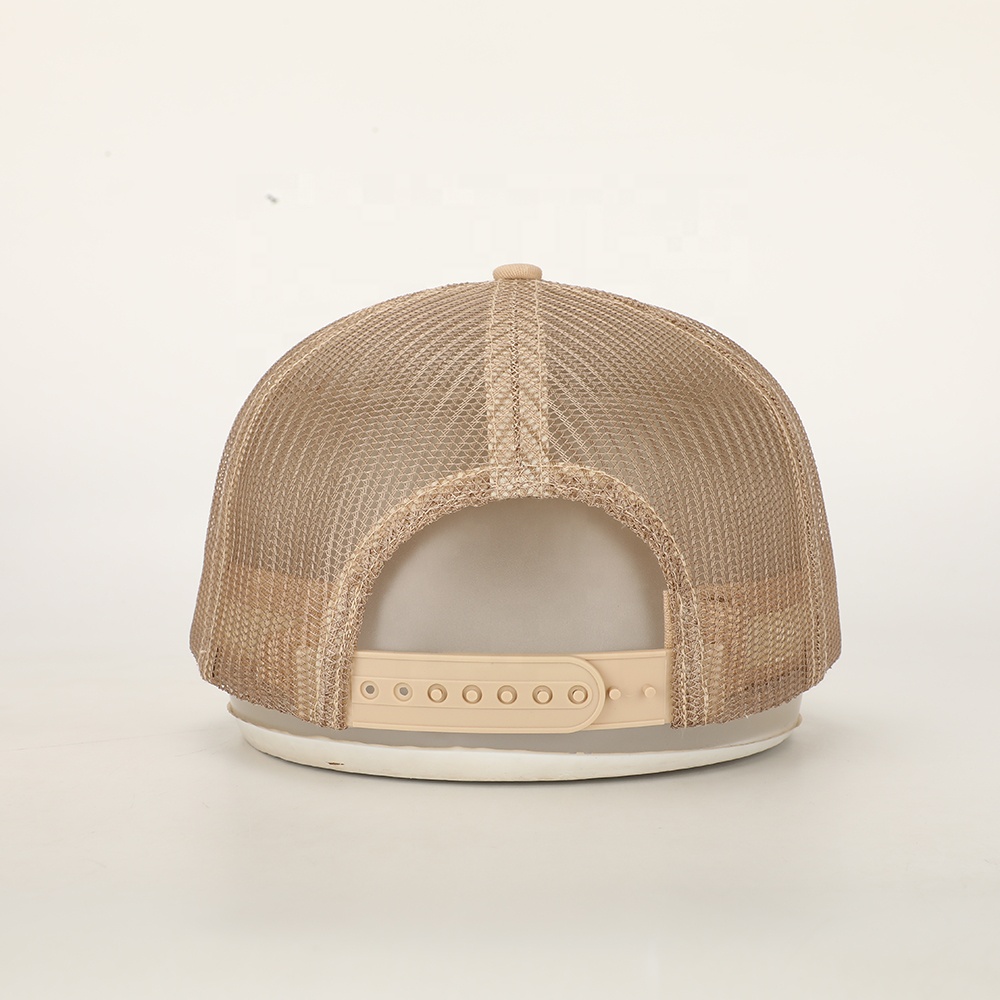SAINT FAITH Beige 5-Panel Cotton Mesh Trucker Hat with Embroidered Letter Logo