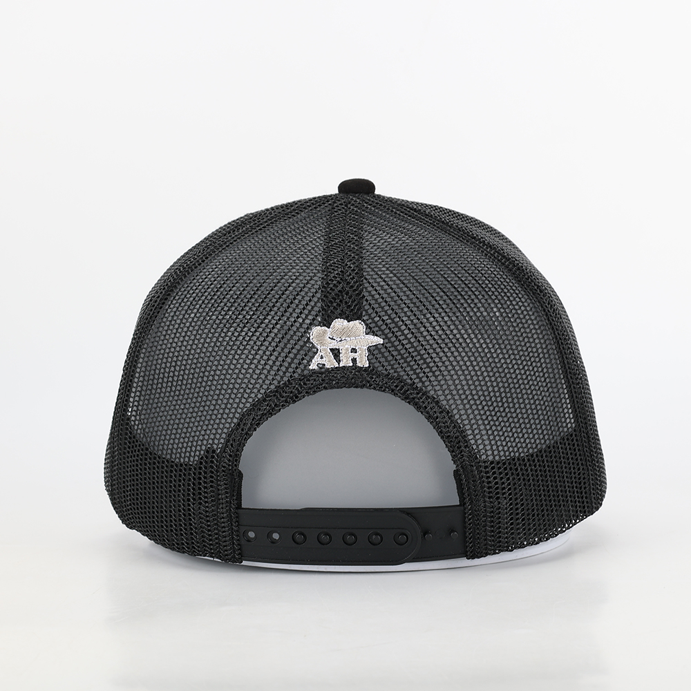 Black 5-Panel Mesh Trucker Cap with Skeleton Graveyard Embroidery – Curved Brim Streetwear Hat