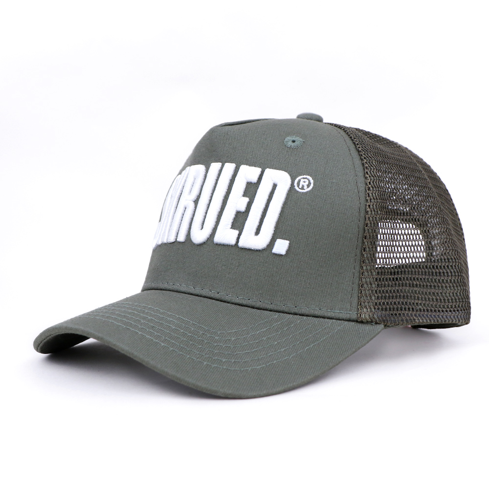 Olive Green and White Embroidered Five-Panel Mesh Trucker Cap