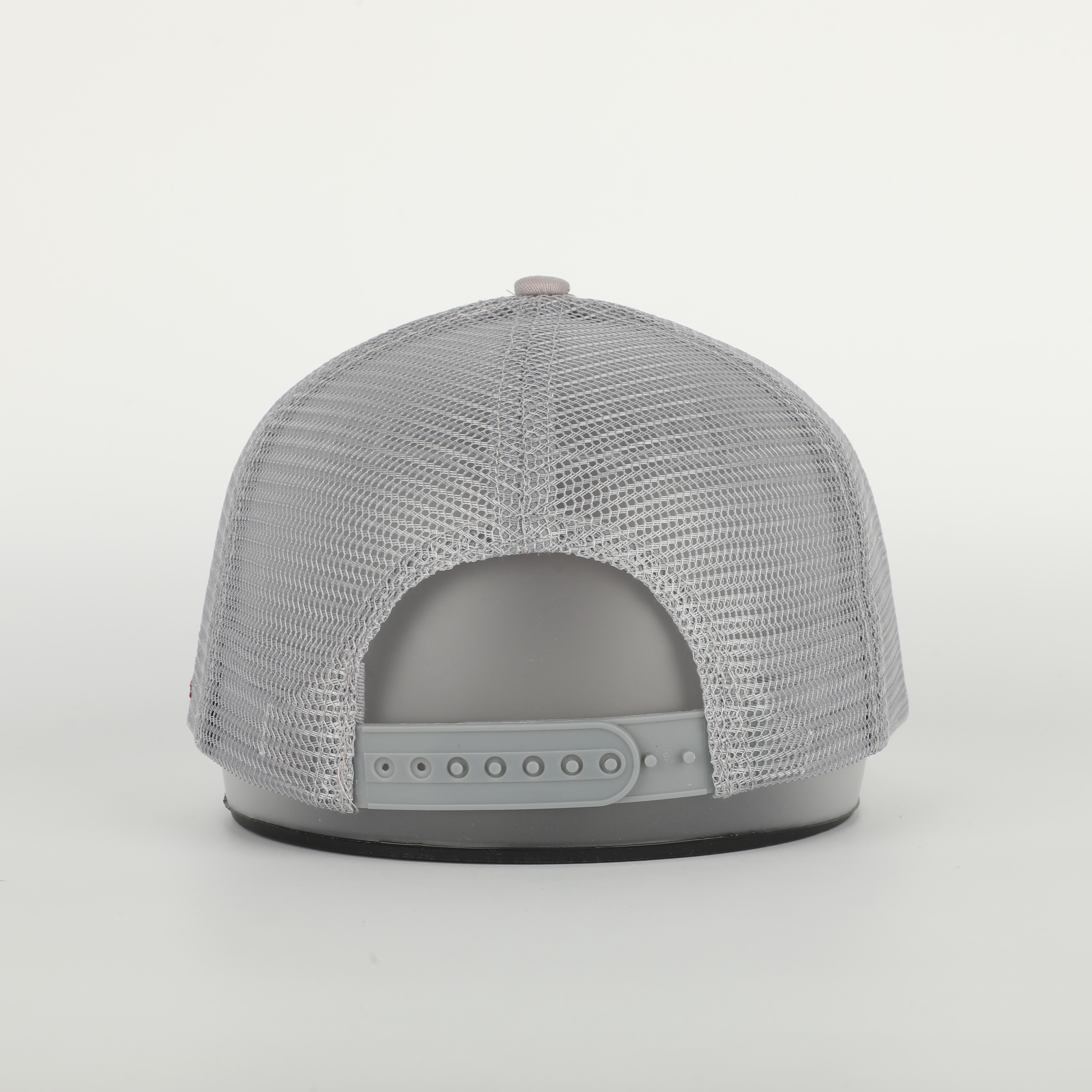 Stone Gray Cotton Trucker Hat with Red Embroidered Monogram Logo