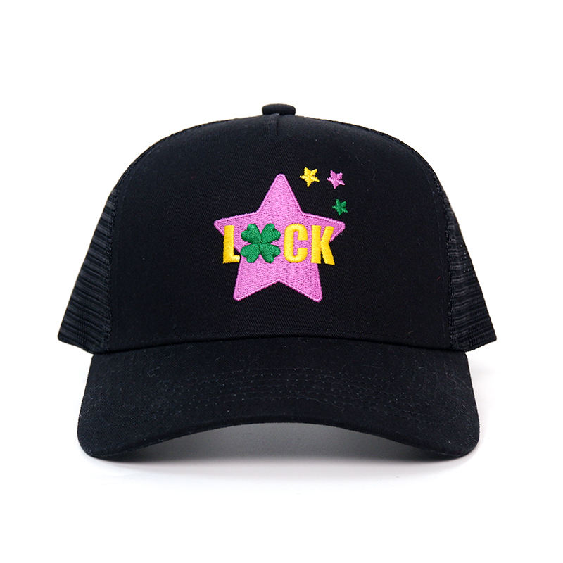 Black Mesh Trucker Hat with Lucky Star Embroidery