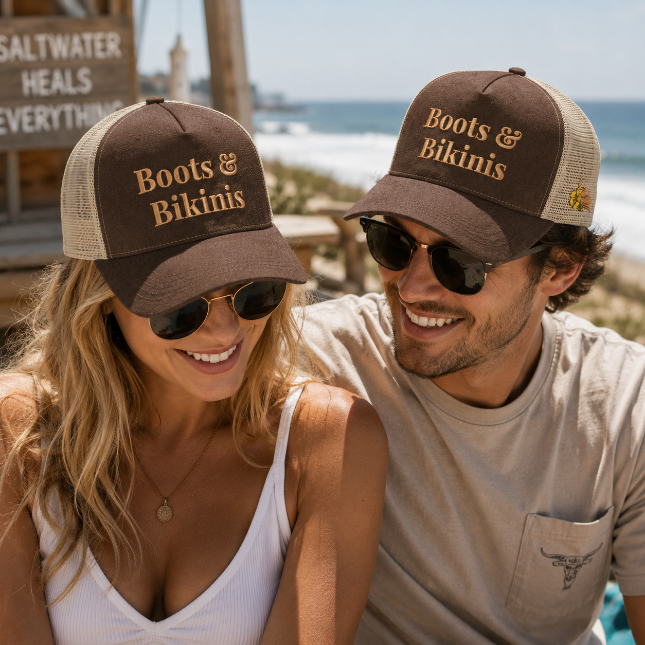 Brown Five-Panel Mesh Trucker Cap with Gold Slogan Embroidery