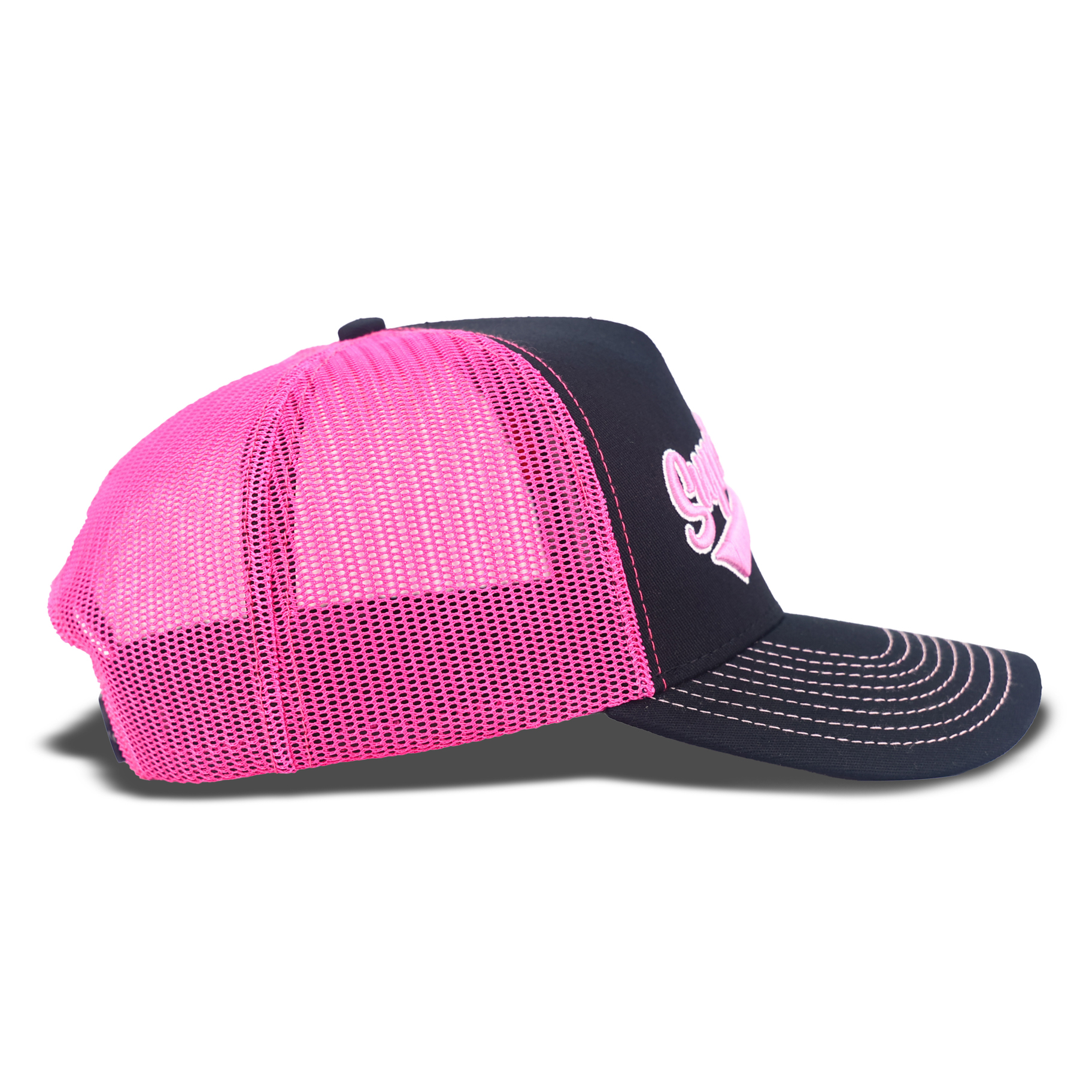 Black Pink Script Embroidered Mesh Trucker Cap