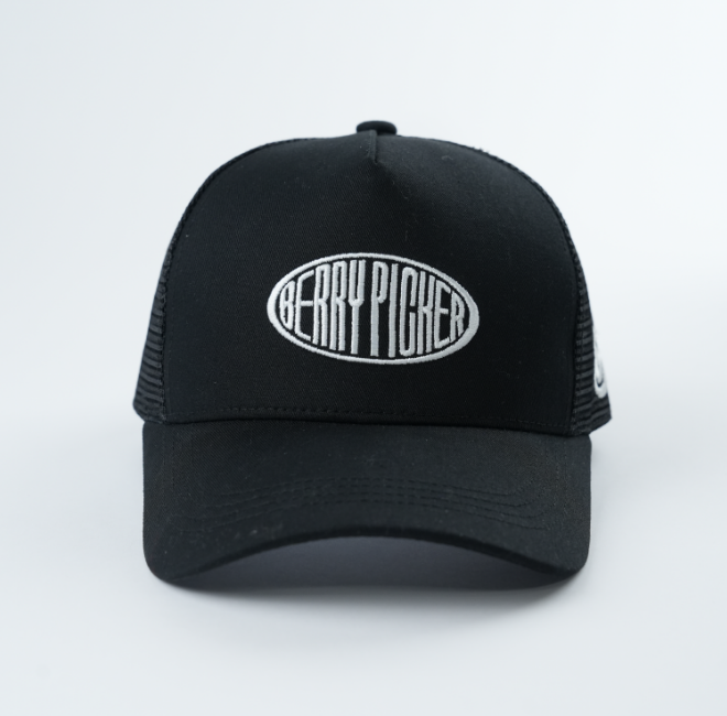 Black Mesh Trucker Cap with White Oval Embroidered Letter Logo