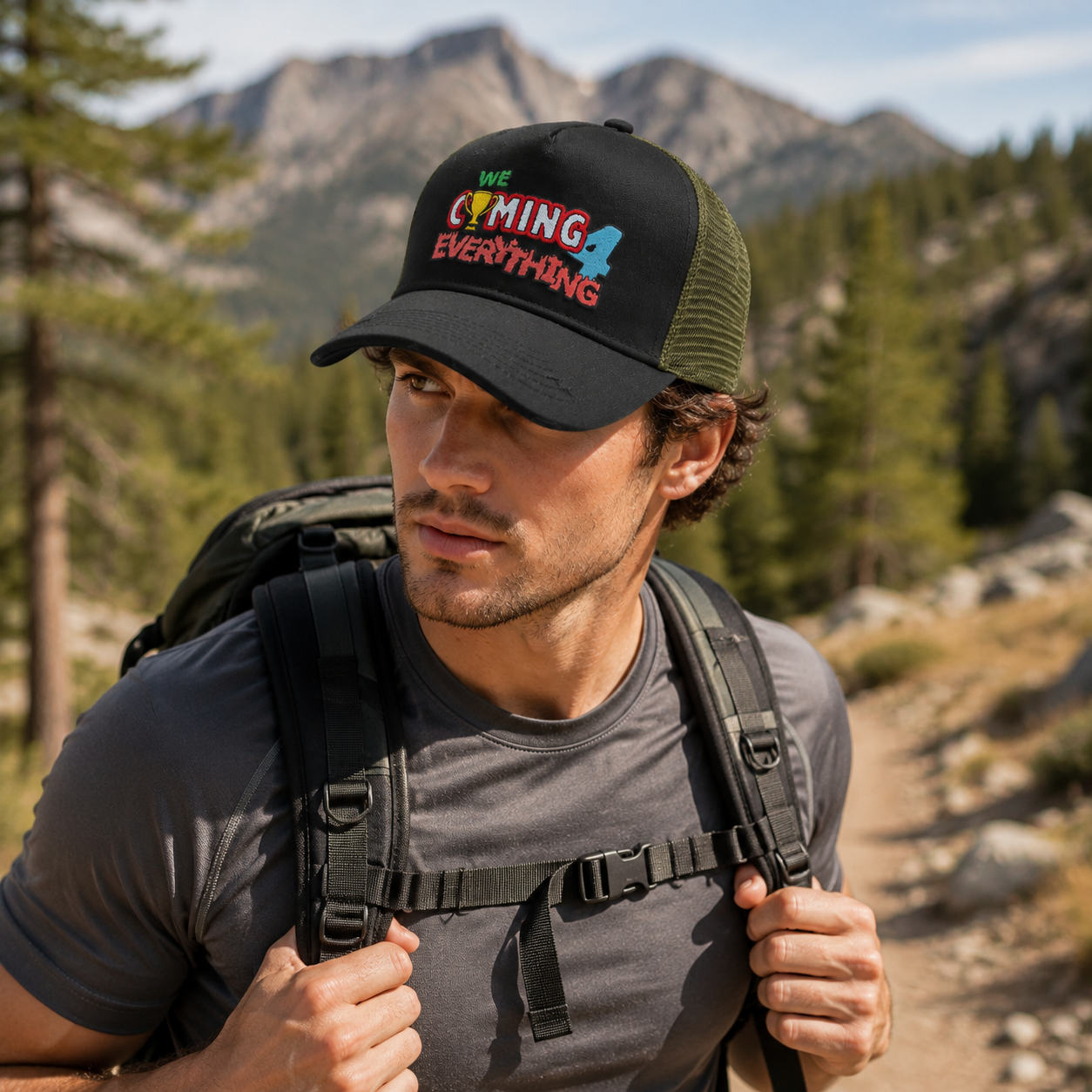 Black Mesh Trucker Baseball Cap with Colorful Statement Embroidery