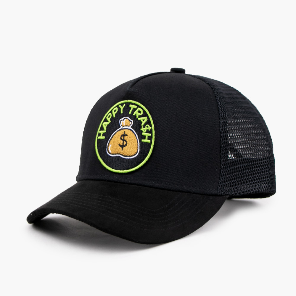 Black Happy Trash Money Bag Patch Mesh Trucker Cap