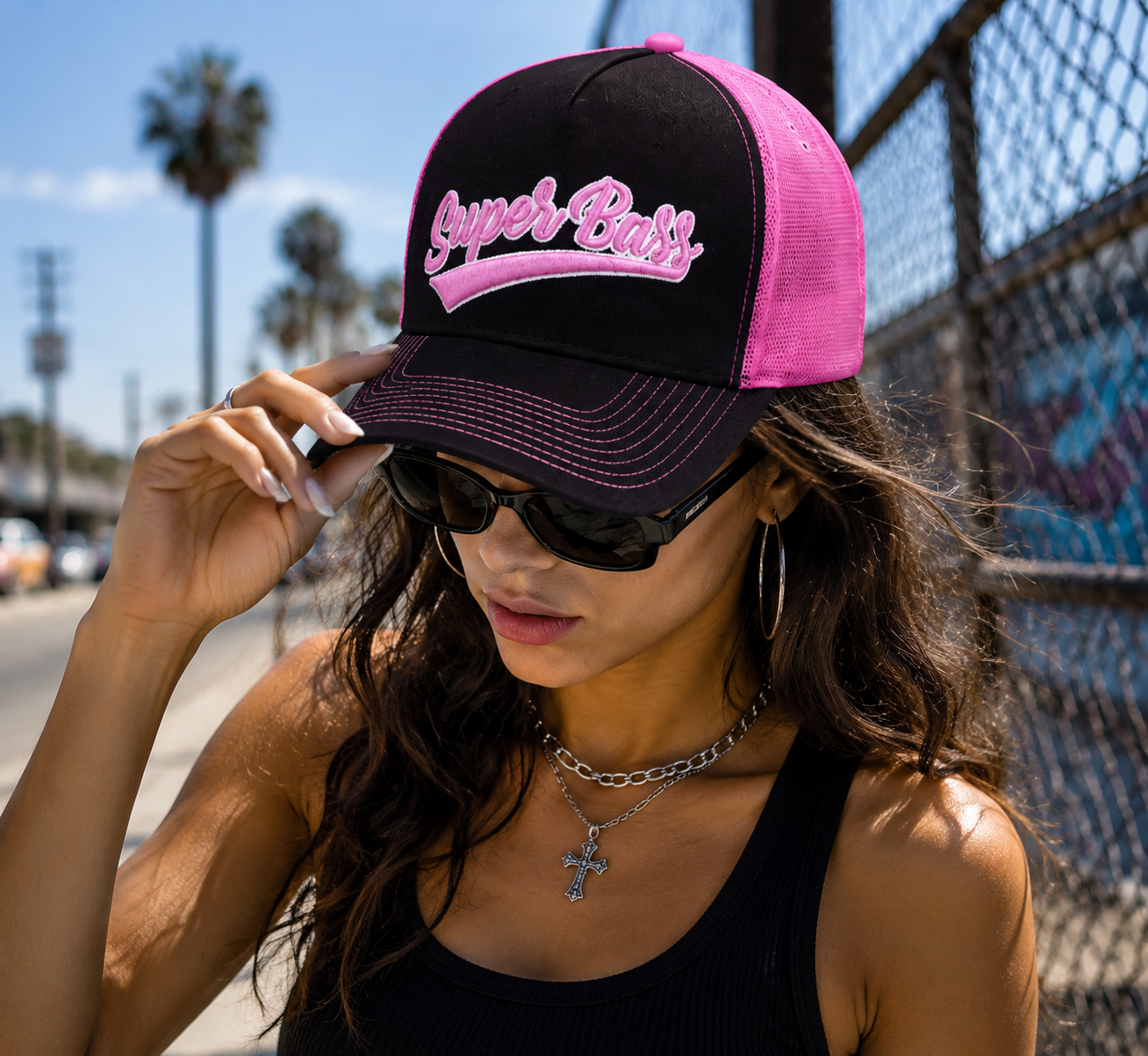 Black Pink Script Embroidered Mesh Trucker Cap