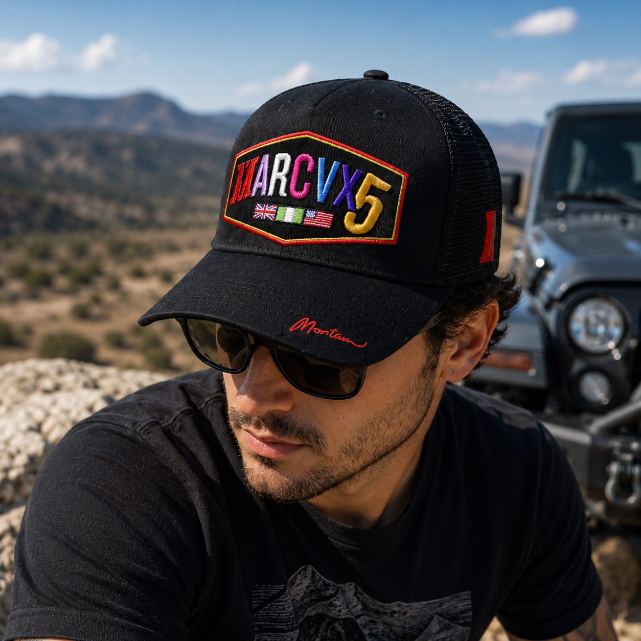 MARCVX5 Multicolor 3D Embroidered Black Mesh Trucker Cap