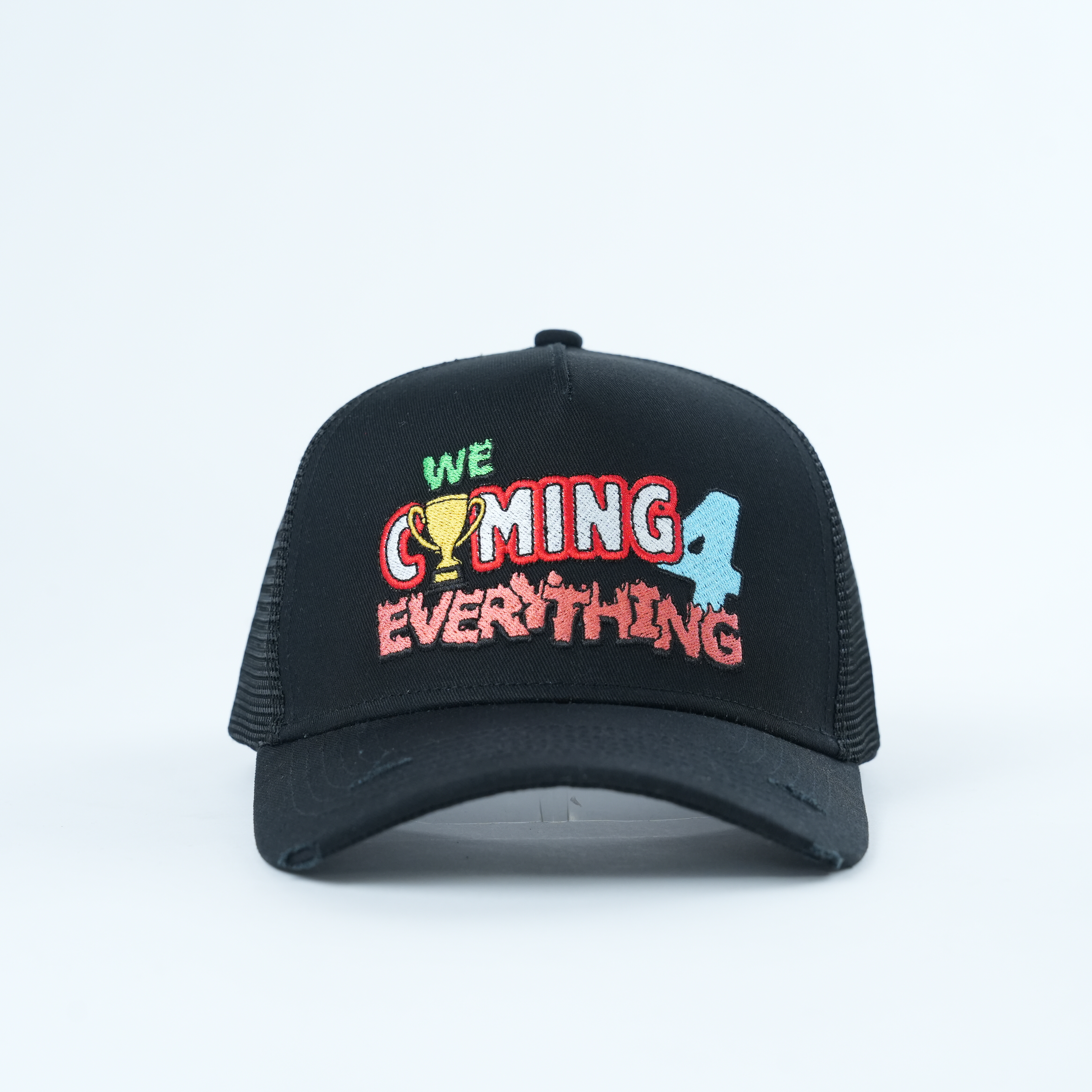 Black Mesh Trucker Baseball Cap with Colorful Statement Embroidery