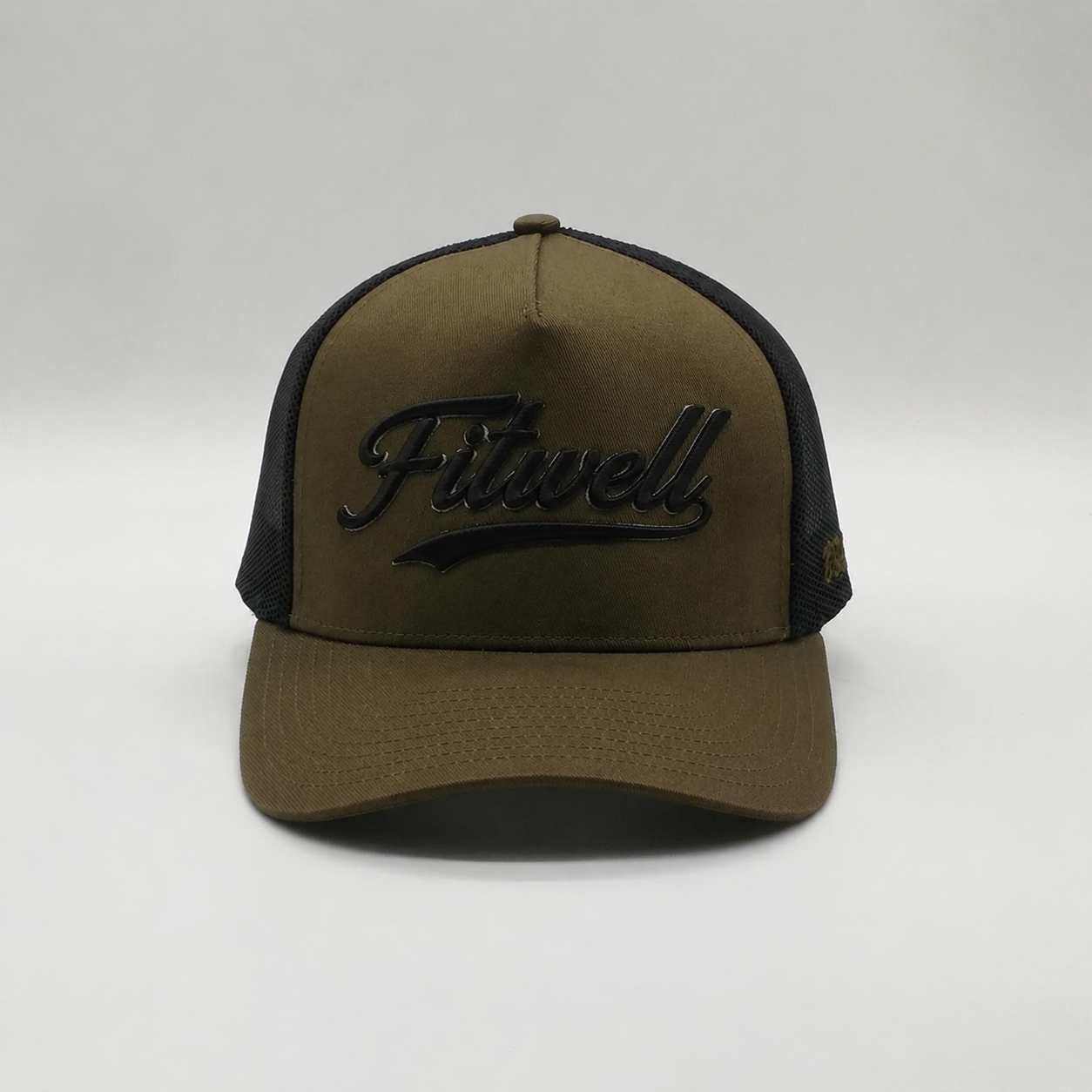 Olive Green Black Mesh Script Embroidered Cotton Trucker Hat