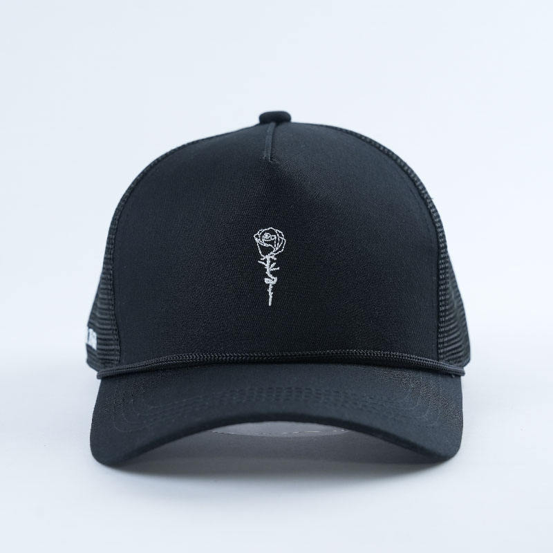 Black Mesh Rope Trucker Cap with Rose Embroidery