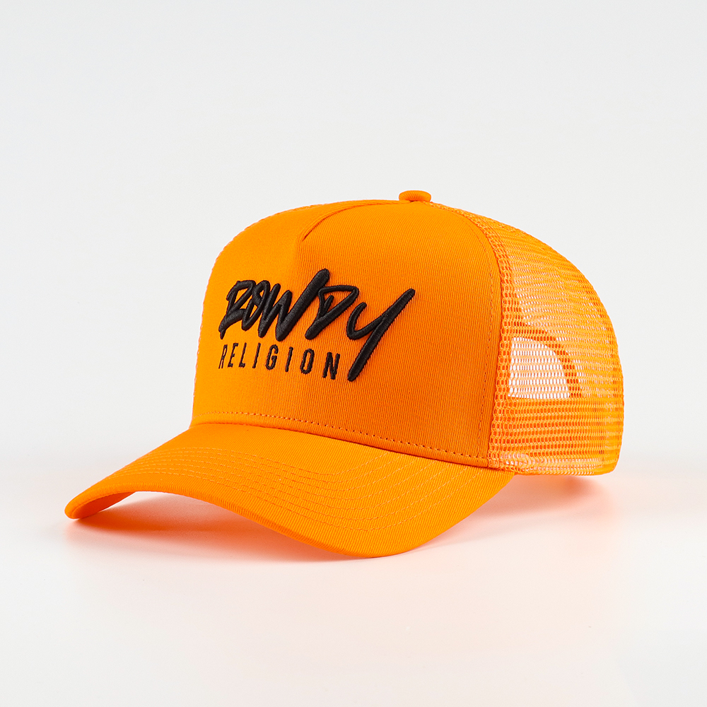 Neon Orange Foam Mesh Trucker Hat with 3D Black Embroidery