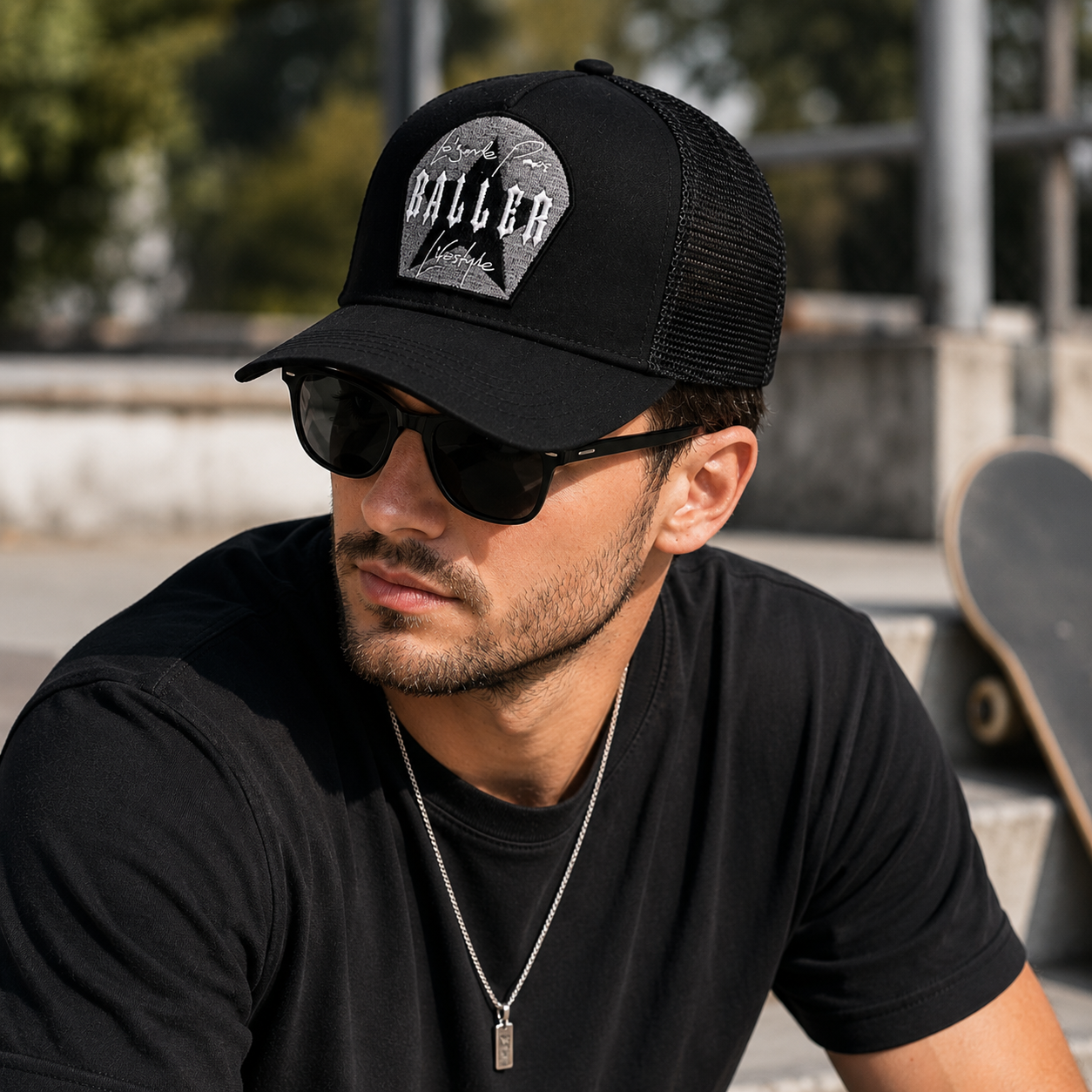 Black Baller Gothic Embroidered Patch Five-Panel Trucker Cap