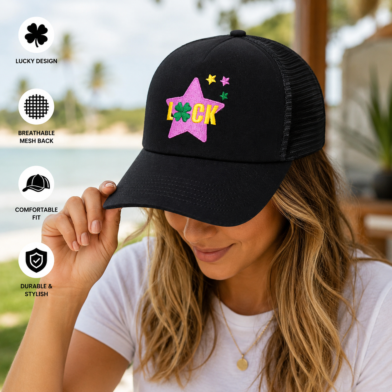 Black Mesh Trucker Hat with Lucky Star Embroidery