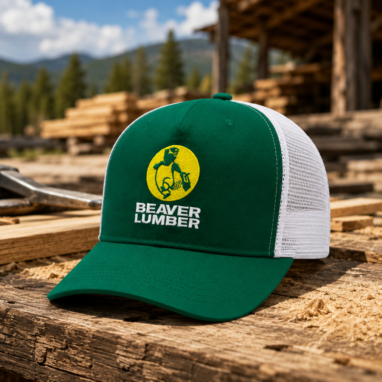 Forest Green Cotton-Front Mesh Trucker Cap with Beaver Lumber Embroidery