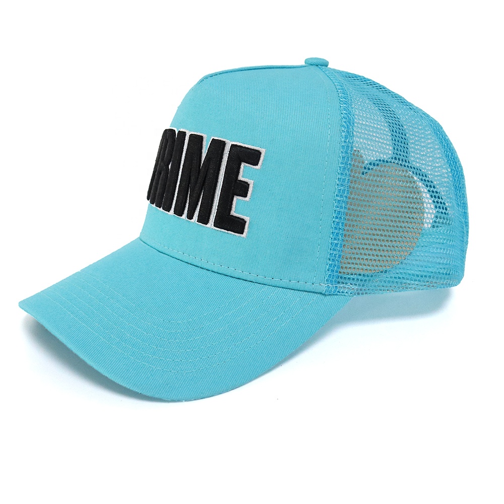 Turquoise 5-Panel Mesh Trucker Cap with Black Raised Lettering