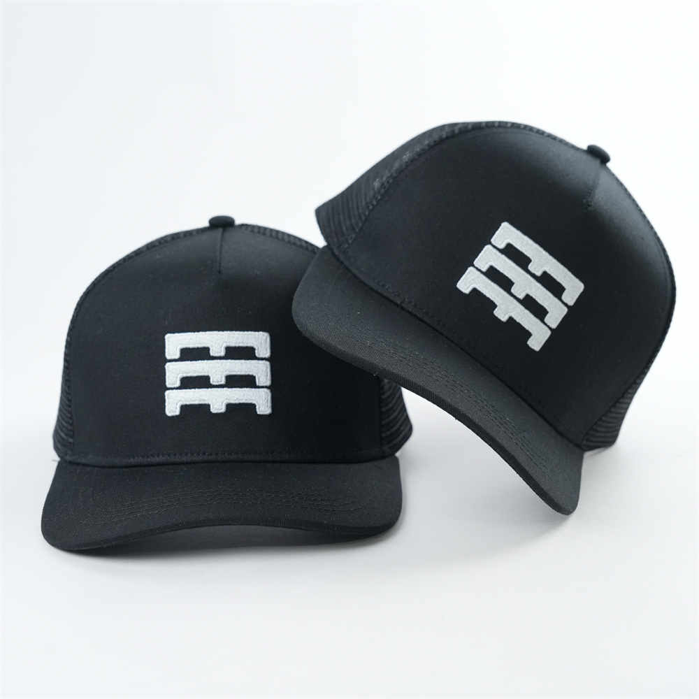 Black 5 Panel Mesh Trucker Cap with White Embroidered Logo