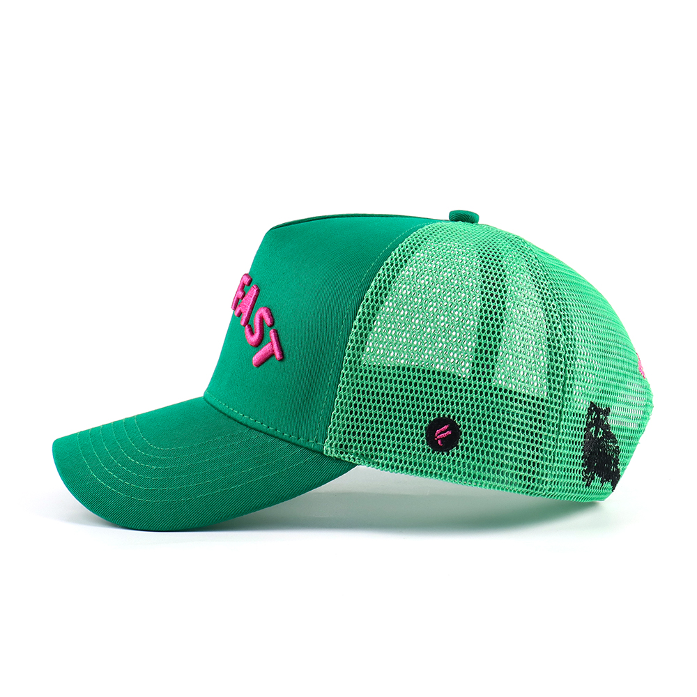Green Mesh Foam Trucker Hat with Pink 3D RUN FAST Embroidery