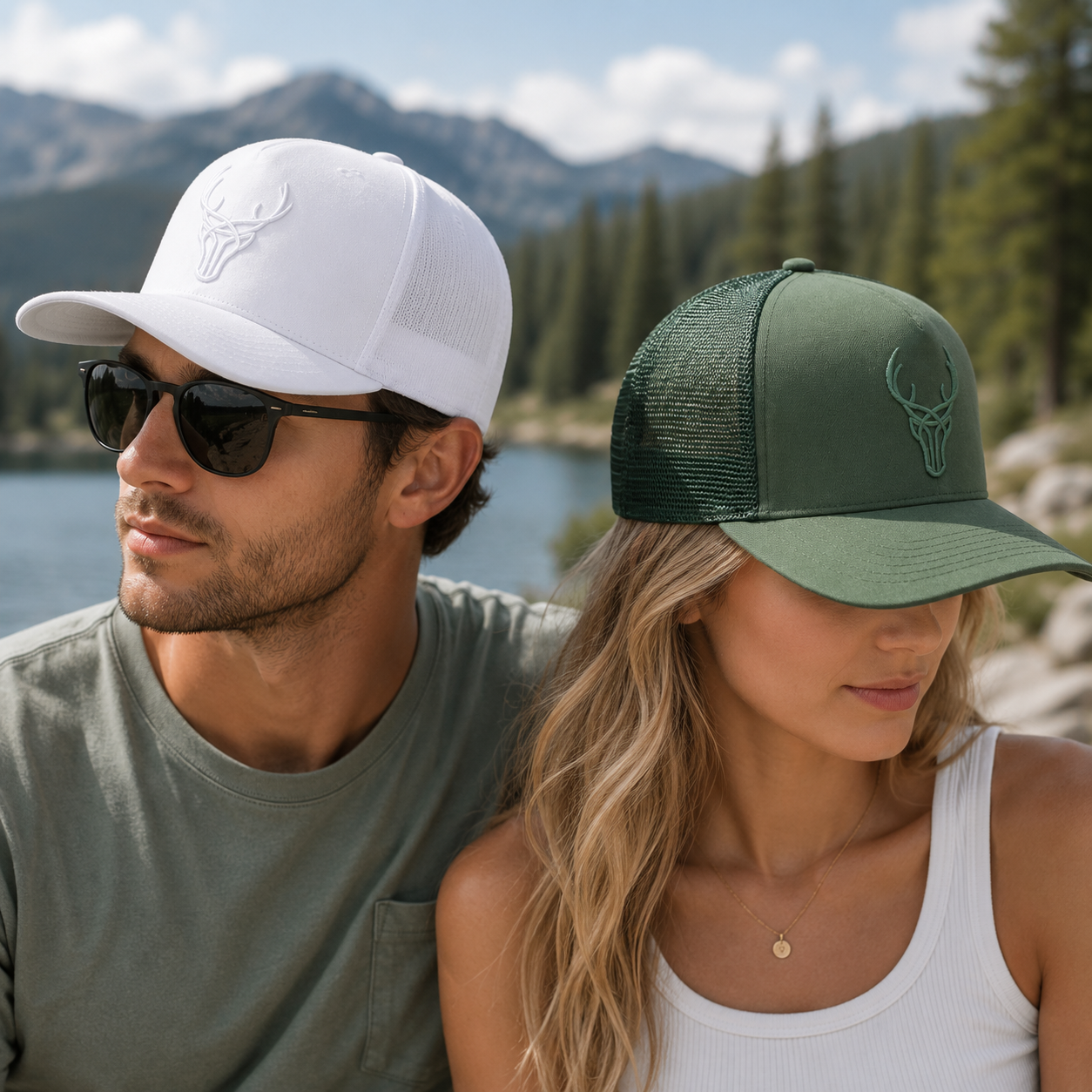 White and Forest Green Deer Embroidered Five-Panel Trucker Caps