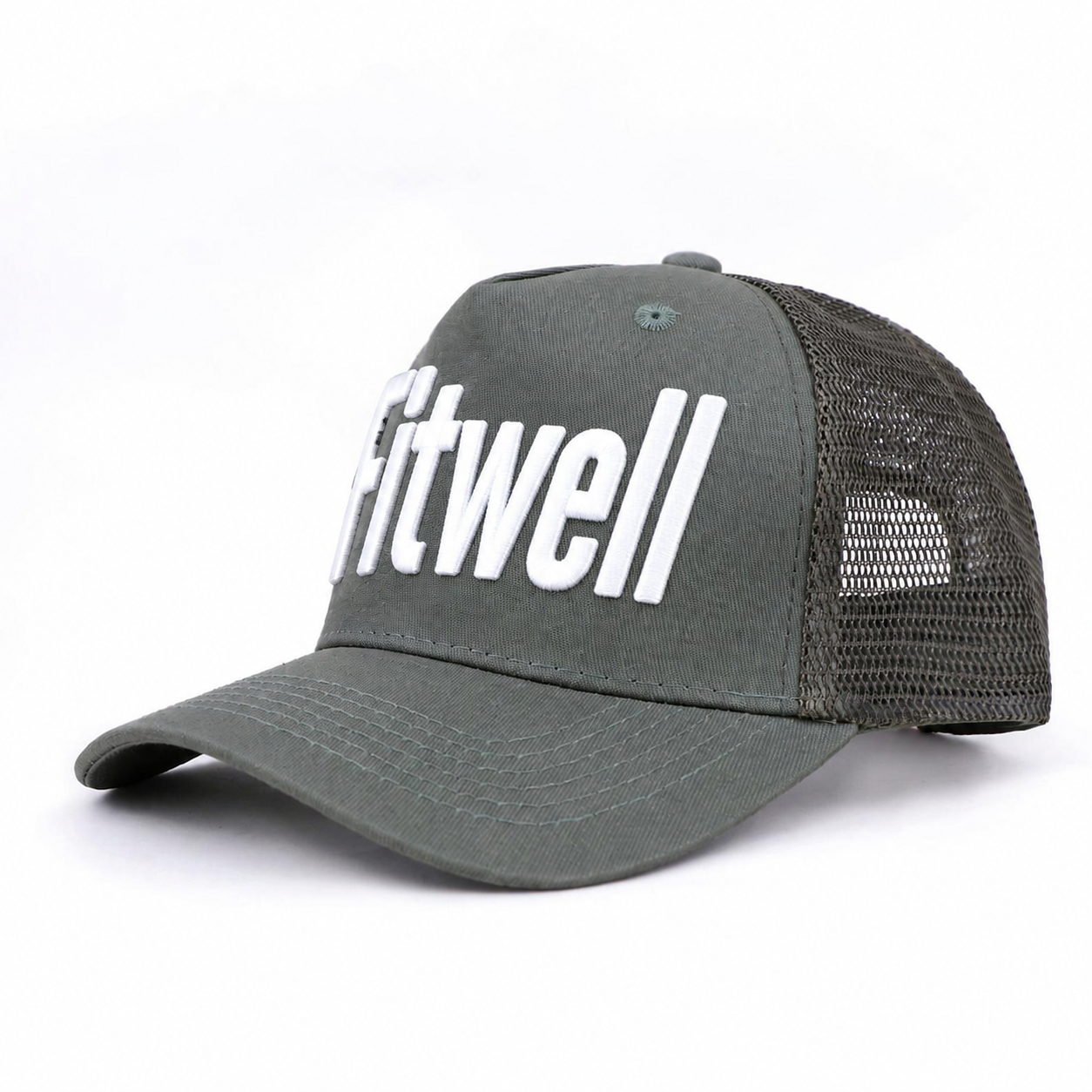 Olive Green and White Embroidered Five-Panel Mesh Trucker Cap