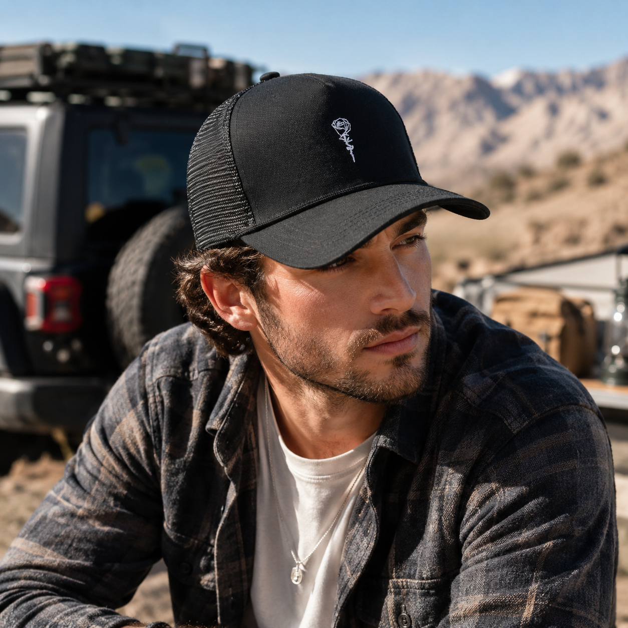 Black Mesh Rope Trucker Cap with Rose Embroidery