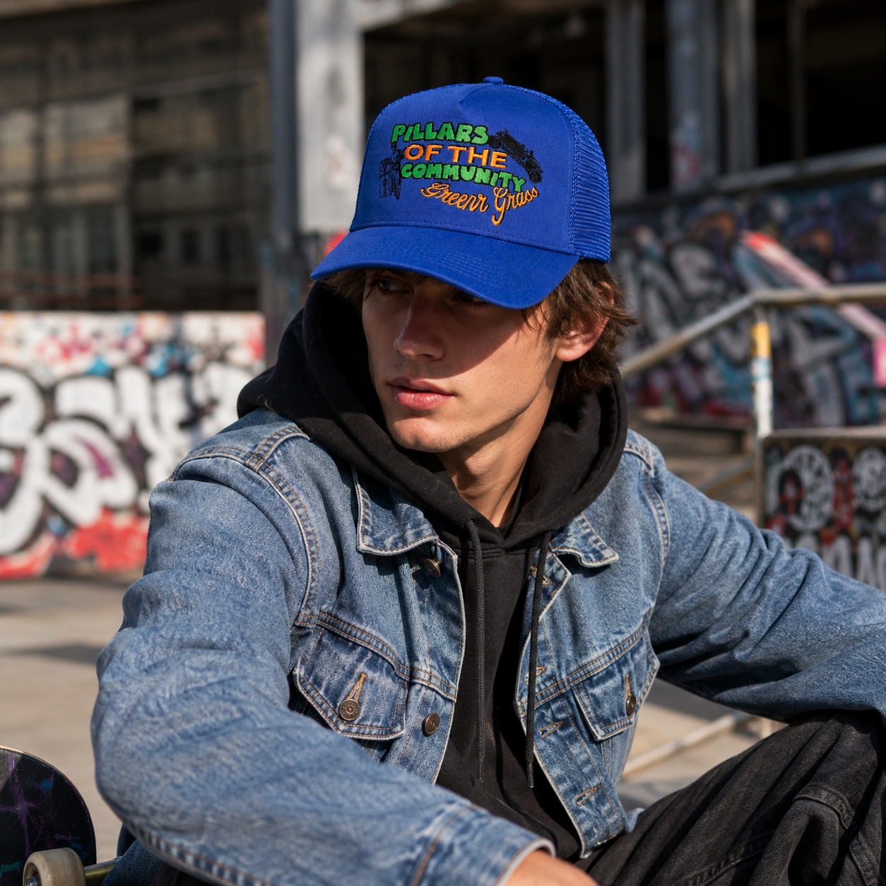 Pillars of the Community Embroidered Blue Trucker Cap