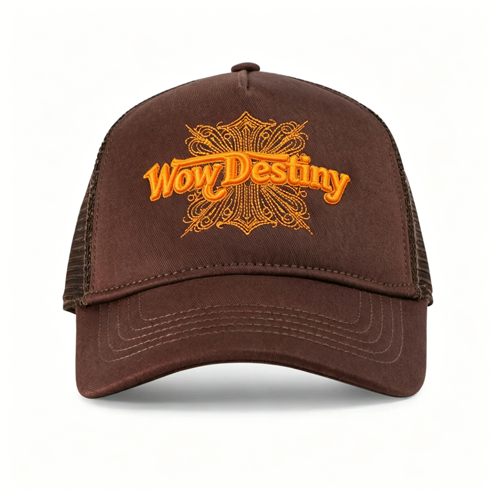 Brown Mesh Trucker Hat with Orange Wow Destiny Embroidery