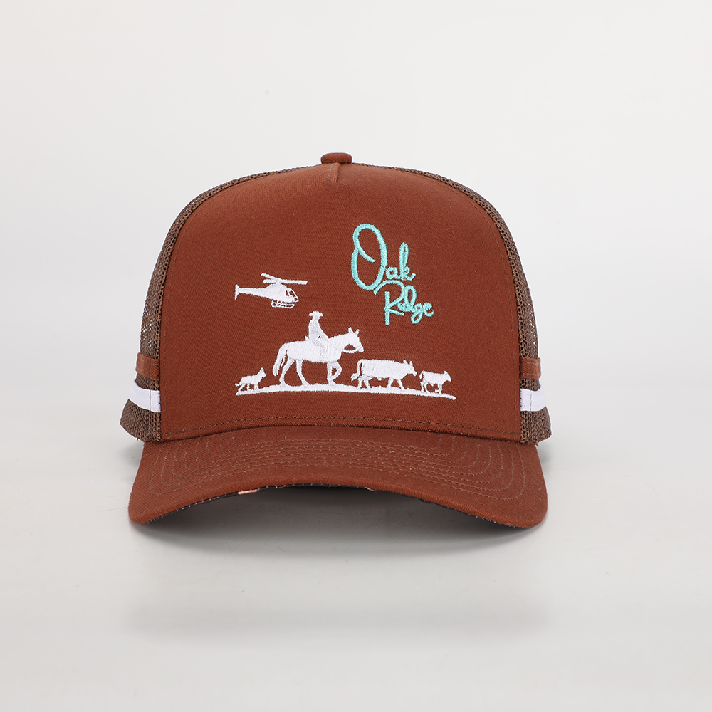 Brown Cotton Mesh Trucker Hat with Ranch Animal Embroidered Logo