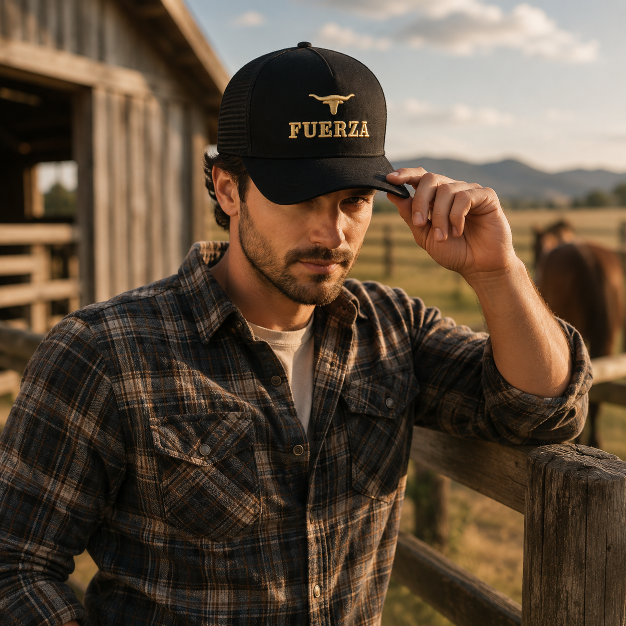 Black FUERZA Bull Embroidered Cotton Mesh Trucker Hat