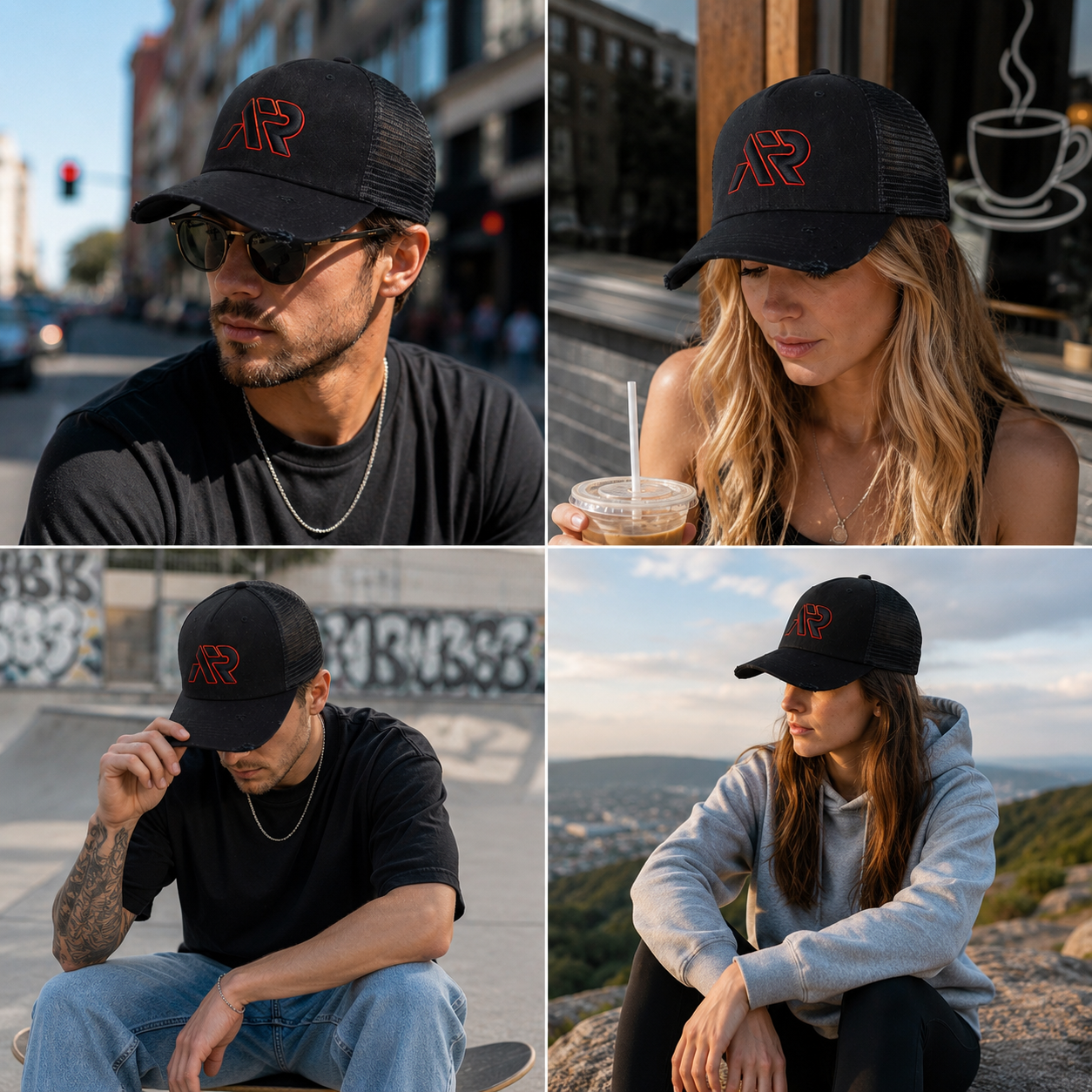 Black Red Logo Embroidered Mesh Trucker Hat