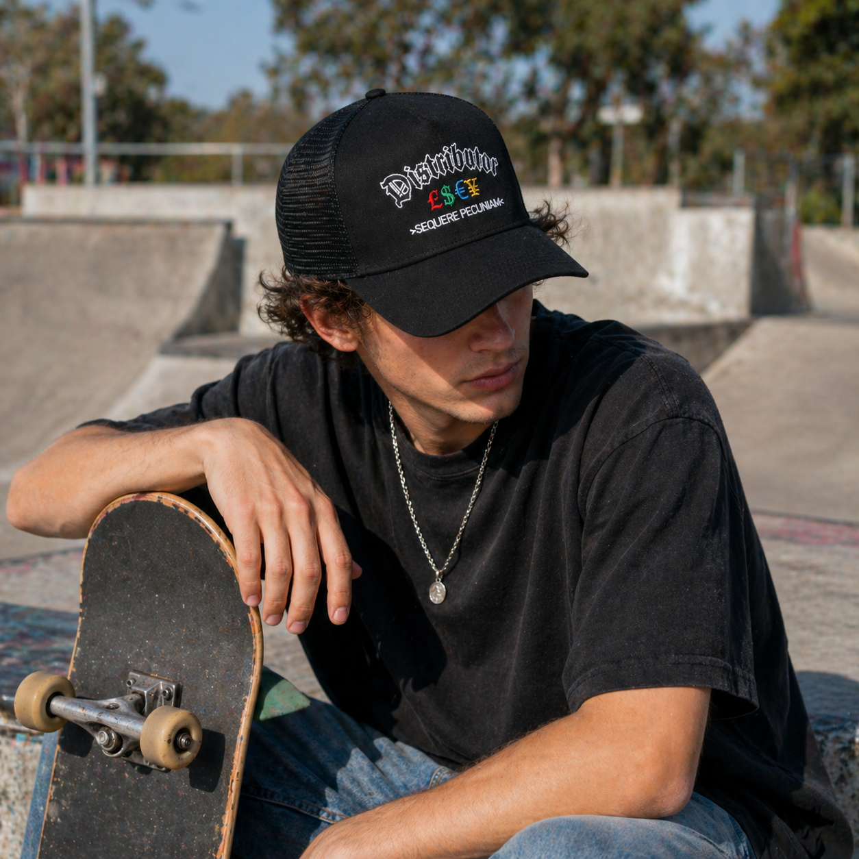 Black 5 Panel Trucker Hat with Embroidered Disturb LSXY Logo