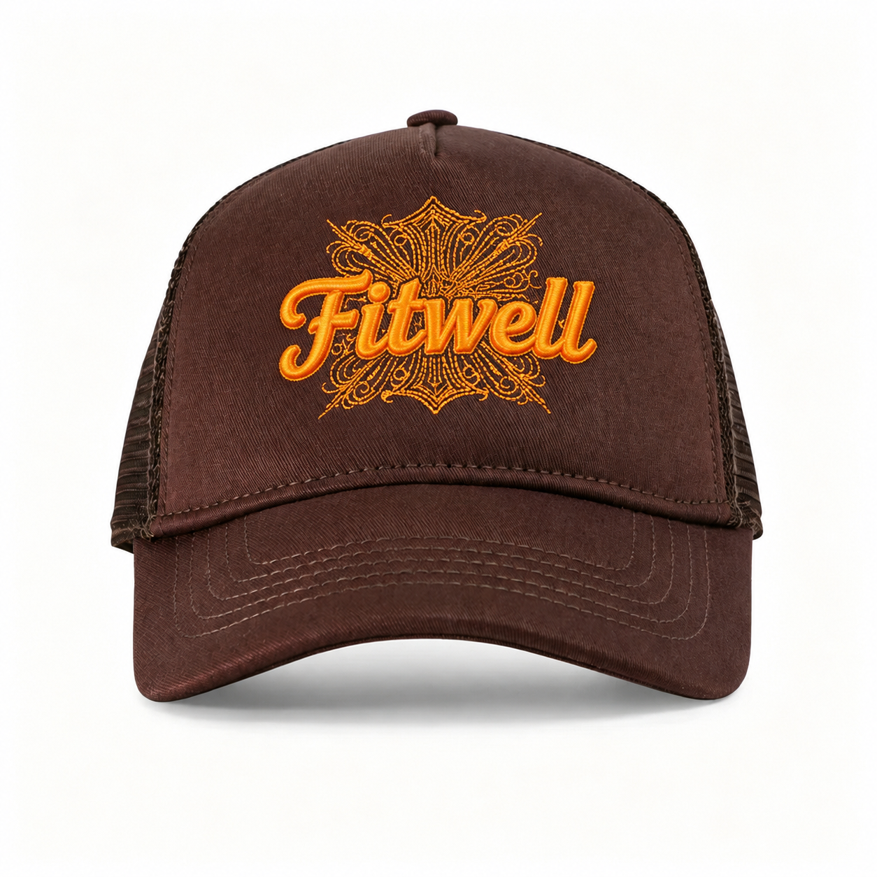 Brown Mesh Trucker Hat with Orange Wow Destiny Embroidery